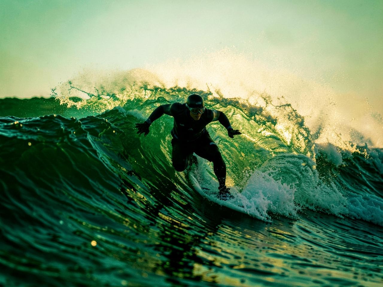 Surfista sulla cresta di un'onda verde al tramonto